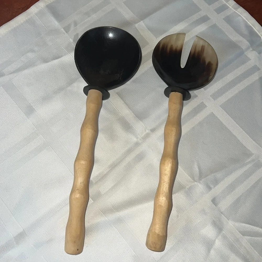 Pair of 11” Horn and Wood Serving Spoons